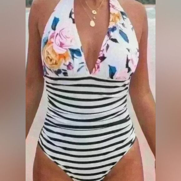 Cupshe halter style features bold floral and striped one piece swimsuit size med - Picture 3 of 4